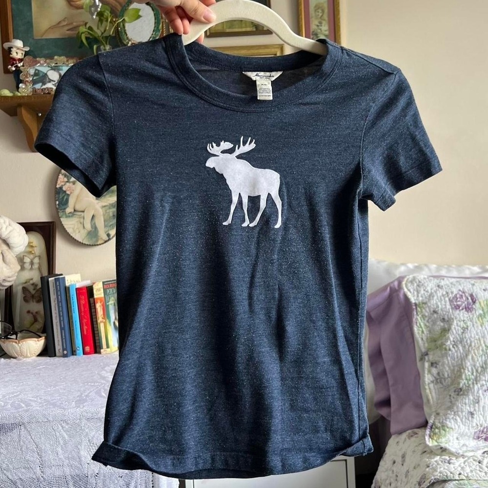 Vintage Abercrombie & Fitch Moose Fitted Baby Tee Navy Blue XS 2000s Y2K - Picture 5 of 6